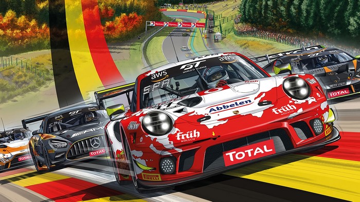 Porsche 911 GT3 R, Mercedes AMG GT3, and Lamborghini Huracan GT3 race