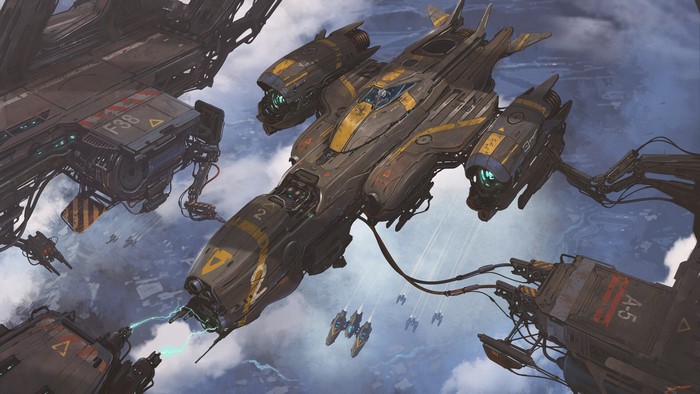 Spaceship docking at a space station with smaller ships nearby