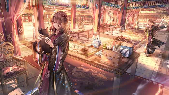 Anime girls in traditional Chinese clothing with cats and books