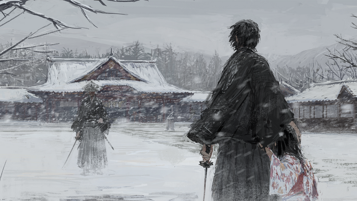 Samurai in a snowy landscape with traditional Japanese buildings