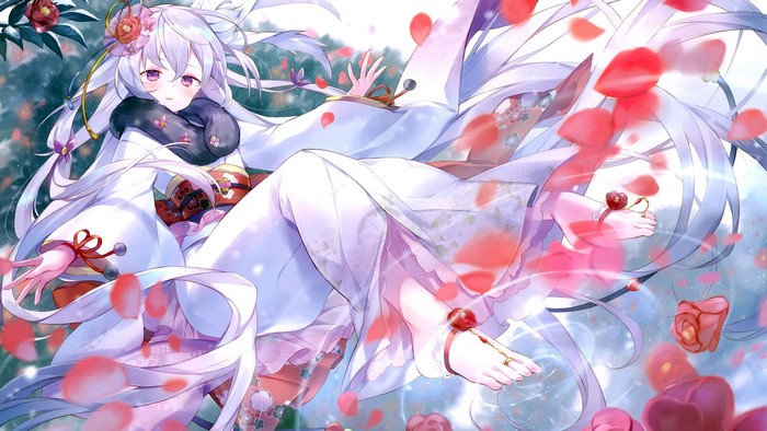 Anime girl with white hair and purple eyes in a kimono