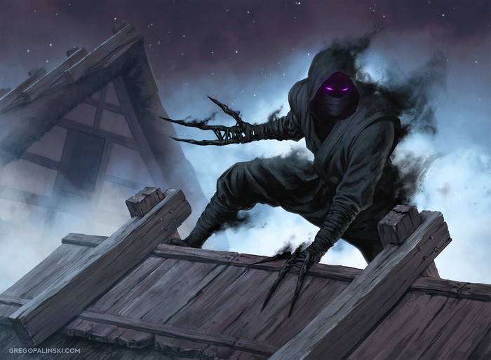 Ninja with glowing eyes on rooftops at night