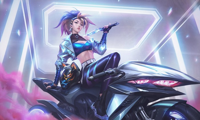 Akali from League of Legends on a motorcycle