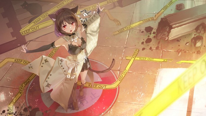 Cat girl with red eyes and tail surrounded by caution tape