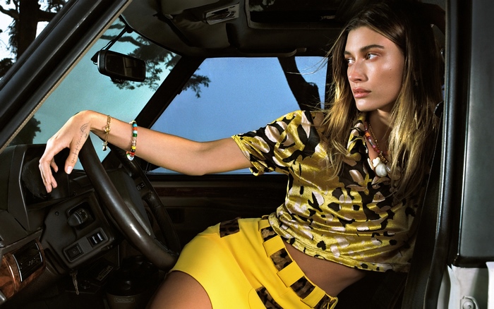 Hailey Baldwin in a car