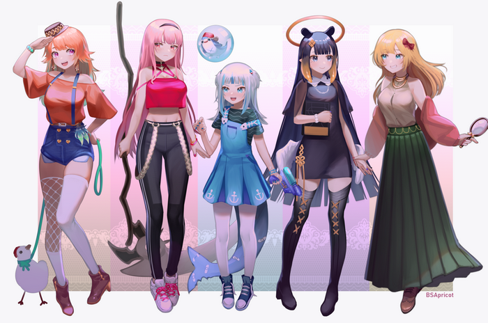 Hololive girls Takanashi Kiara, Mori Calliope, Gawr Gura, Ninomae Inanis, Watson Amelia