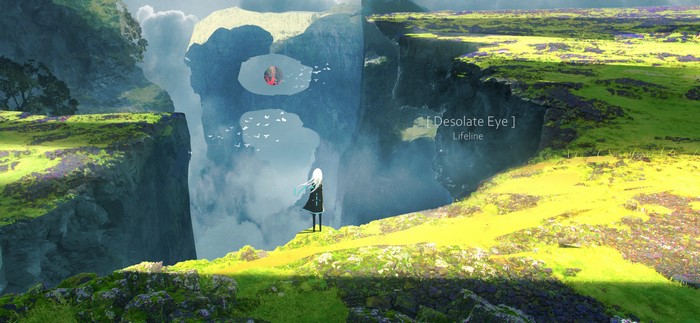 Anime girl in a desolate landscape with floating islands