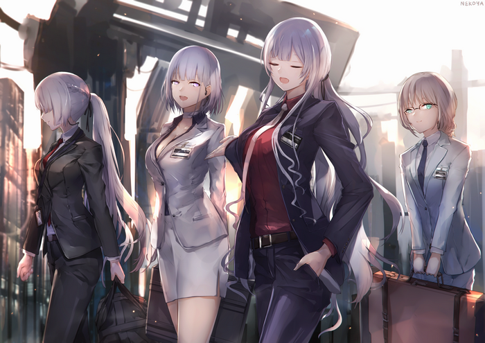 Four anime women in suits walking in a city