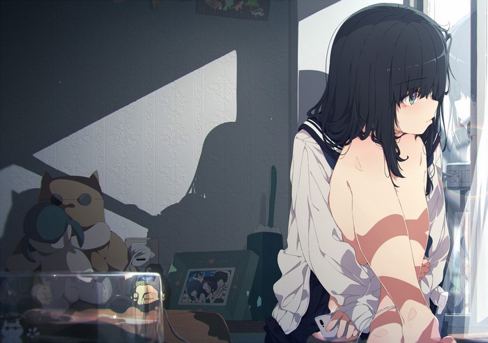 Anime girl in school uniform by the window