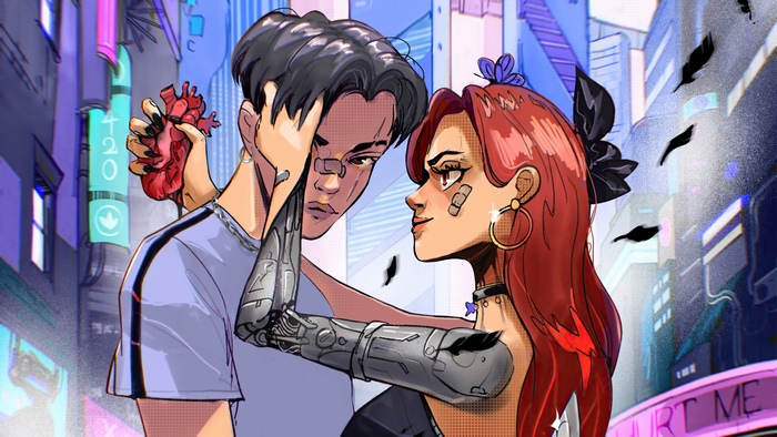 Sci-fi couple with cyborg arm and heart