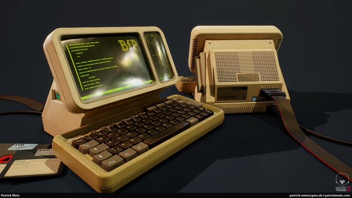 Vintage Novus computer with floppy disks
