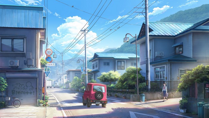 Anime Urban Street Scene with Red Vehicle