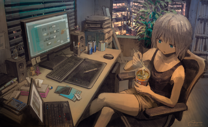 Girl eating noodles at a computer desk