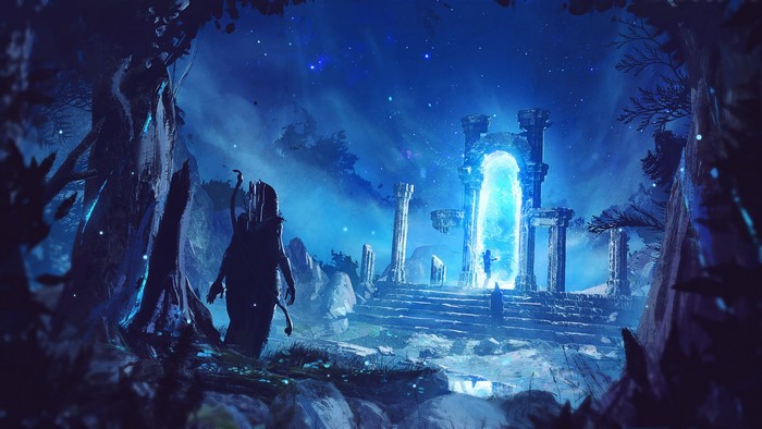 Warrior with bow near a glowing portal
