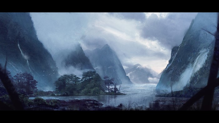 4K Digital Painting of Misty Mountains and Lake by Samuele Bandini