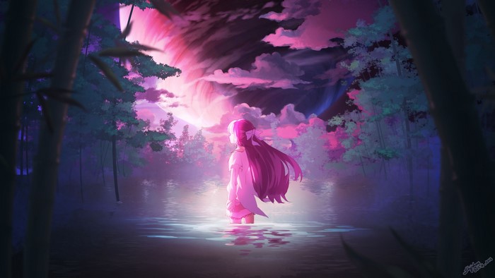 Rin from Shelter in a surreal landscape