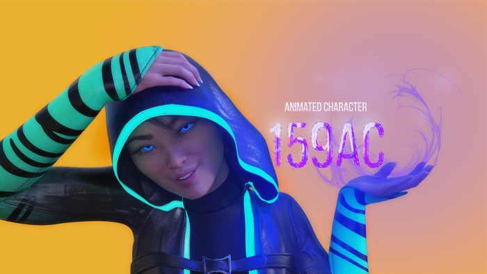 Animated character 159AC with glowing eyes and magic
