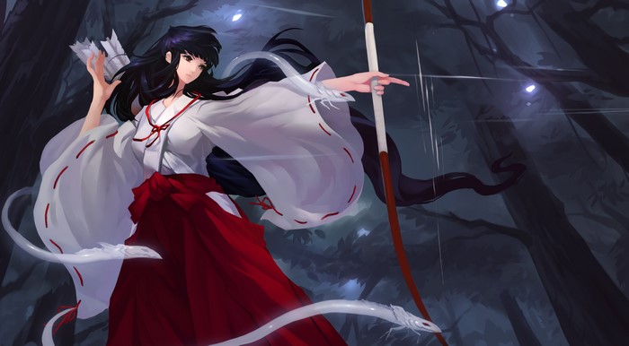 Miko with bow in forest at night