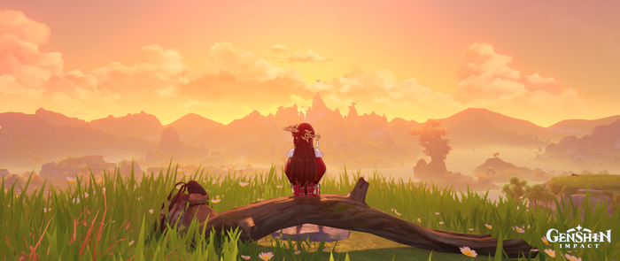 Character from Genshin Impact sitting on a log at sunset