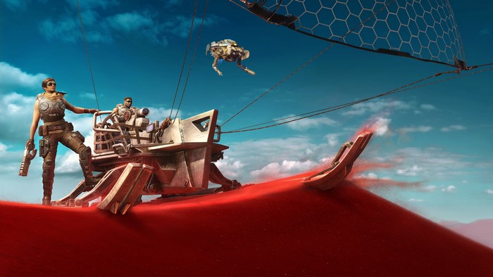 Gears of War characters on a sand skiff