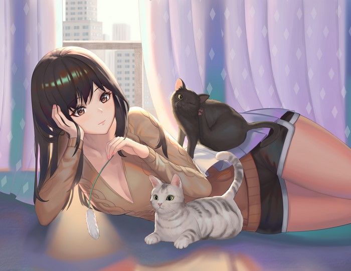 Anime girl with two cats by the window