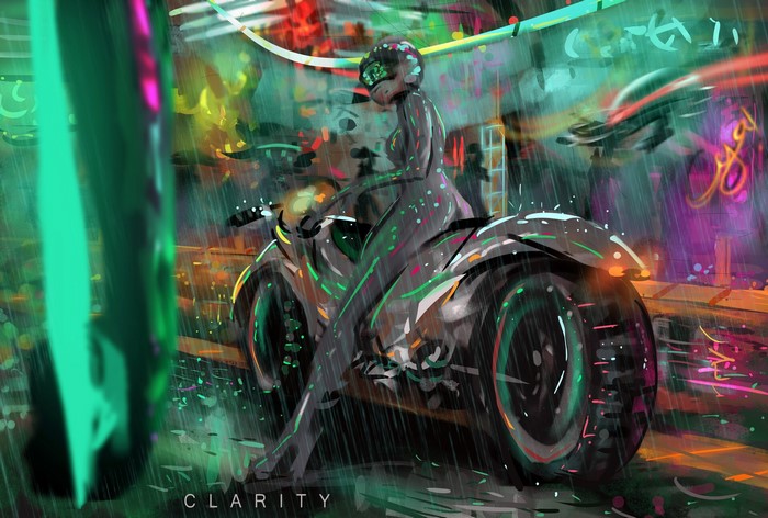 Woman on a motorcycle in a rainy neon city