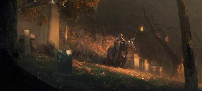 Undead rider with lantern in a graveyard