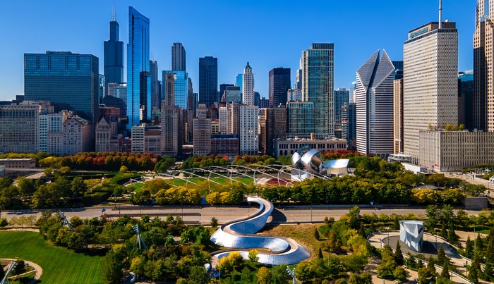 Chicago skyline with Millennium Park and Pritzker Pavilion