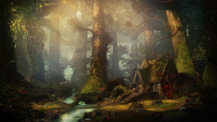 Fantasy forest with a small house and stream