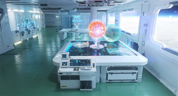 Futuristic laboratory with holographic displays