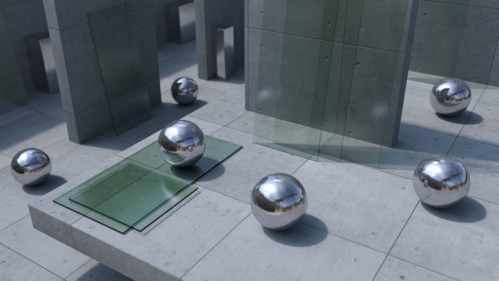 Chrome spheres in a concrete maze with glass