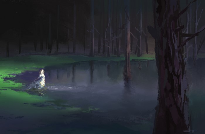 Woman in white dress by a lake in a dark forest