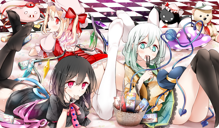 Touhou anime girls with toys and snacks