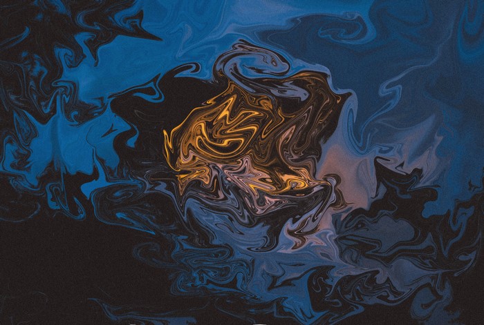 Abstract fluid art with blue, black, and gold colors