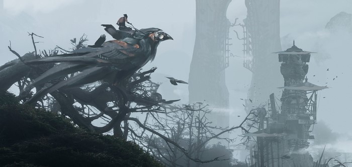 Fantasy art of a rider on a giant bird in a misty forest