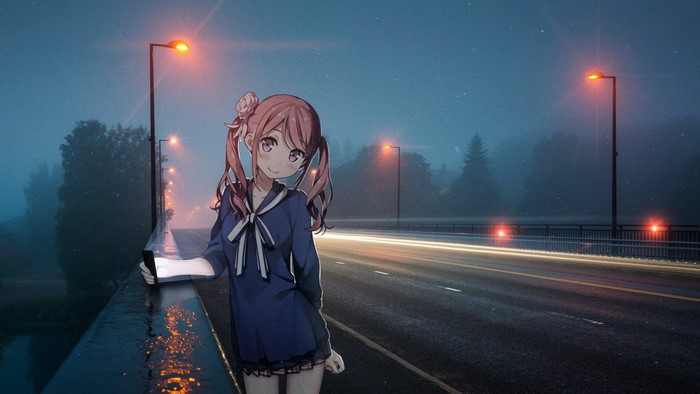 Anime girl with pink hair on a bridge at night