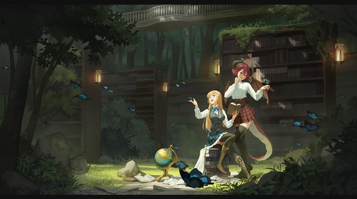 Two anime girls with wings and tail in a fantasy library