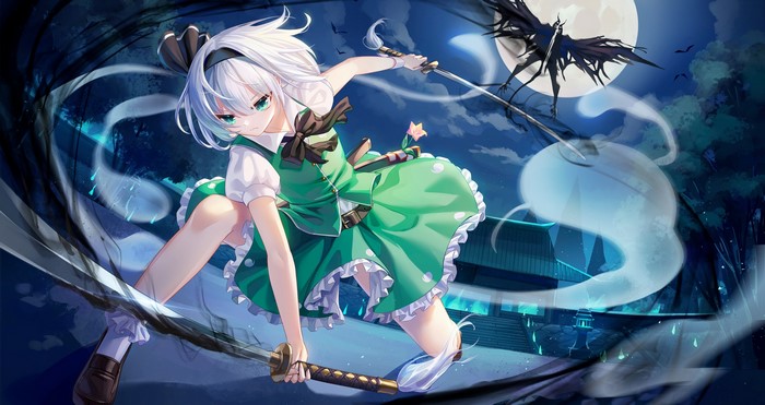 Konpaku Youmu from Touhou with a katana under the moon