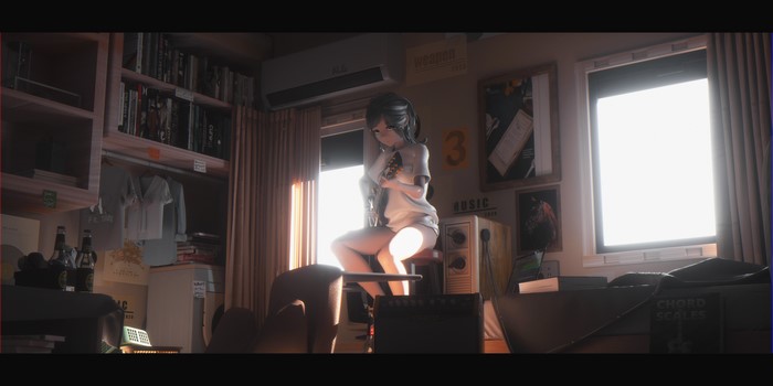 Anime girl with guitar in a room