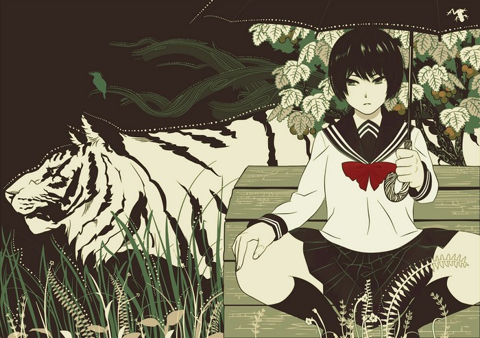 Girl with umbrella and tiger by Kondou Totetsu