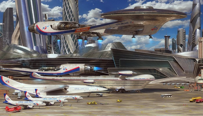 Futuristic city with spaceships and airplanes