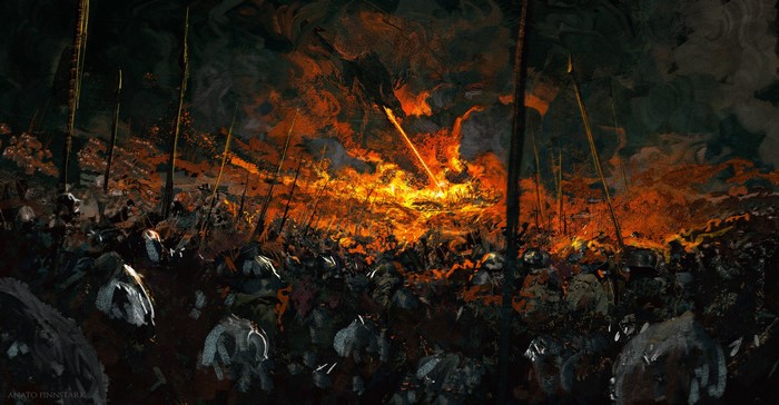 Fantasy battle with fire and creatures