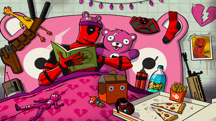 Deadpool Reading Cat Yoga in Bed