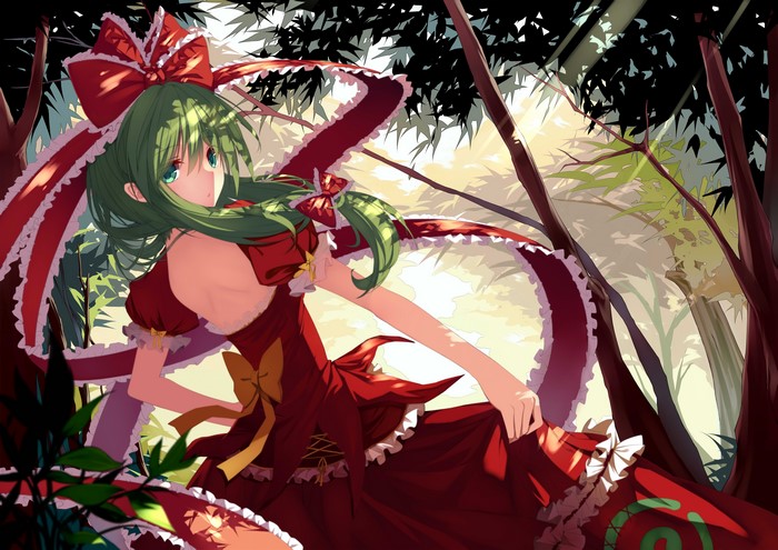Kagiyama Hina from Touhou in a red dress in a forest