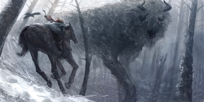 Fantasy creature chasing a rider on a horse through a snowy forest