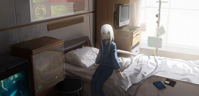 Girl with silver hair in a hospital room