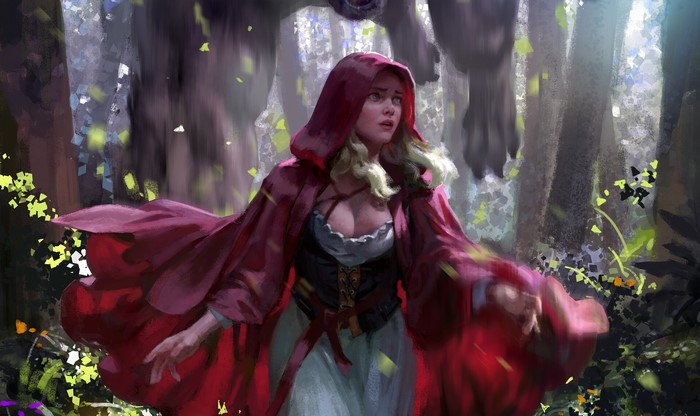 Little Red Riding Hood in a dark forest with a creature