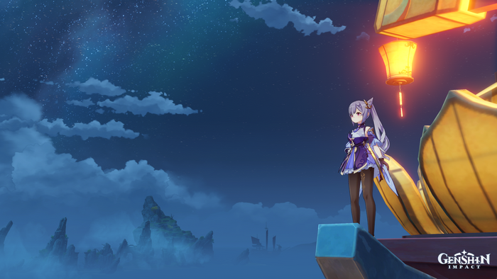 Keqing from Genshin Impact on a boat at night