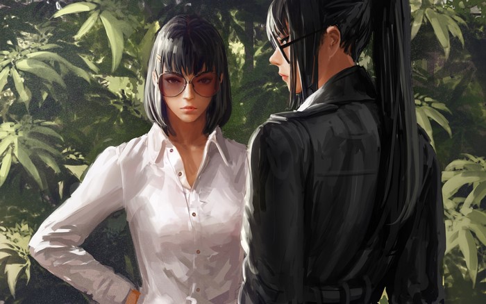 Two women in a garden, digital art by GUWEIZ