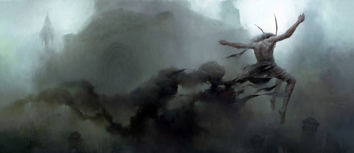 A demonic figure with horns leaps through smoke